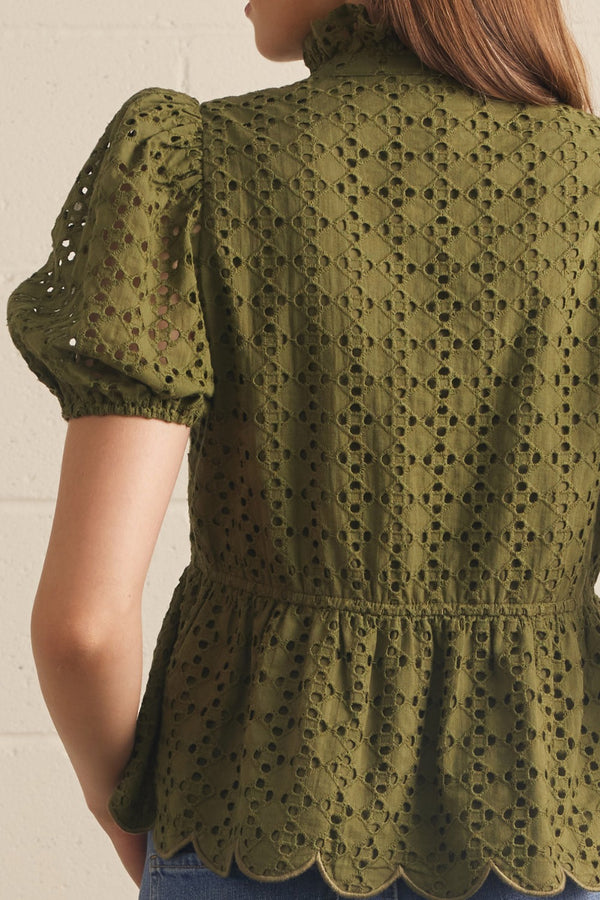 Solid Eyelet Puff Sleeve Top- Olive