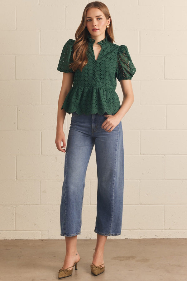 Solid Eyelet Puff Sleeve Top- H. Green