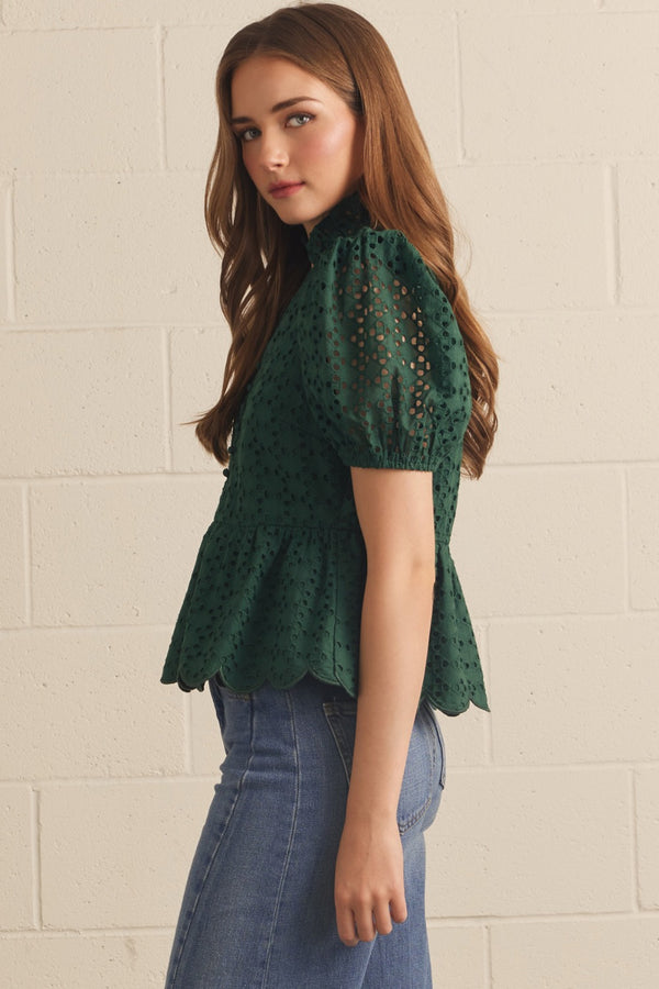Solid Eyelet Puff Sleeve Top- H. Green