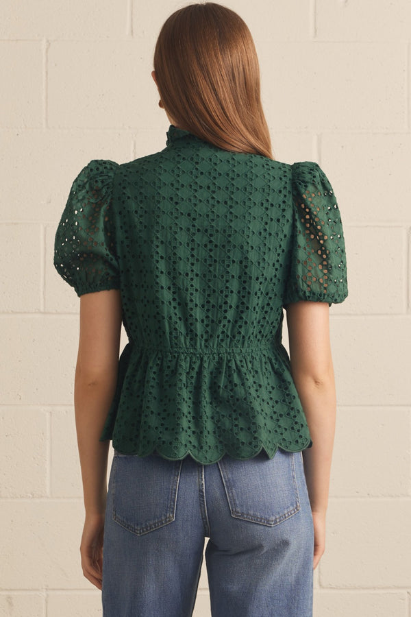 Solid Eyelet Puff Sleeve Top- H. Green