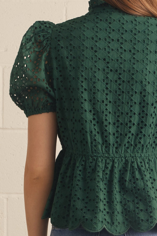 Solid Eyelet Puff Sleeve Top- H. Green