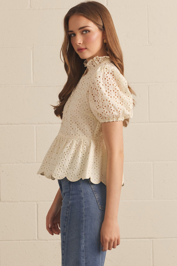 Solid Eyelet Puff Sleeve Top- Cream
