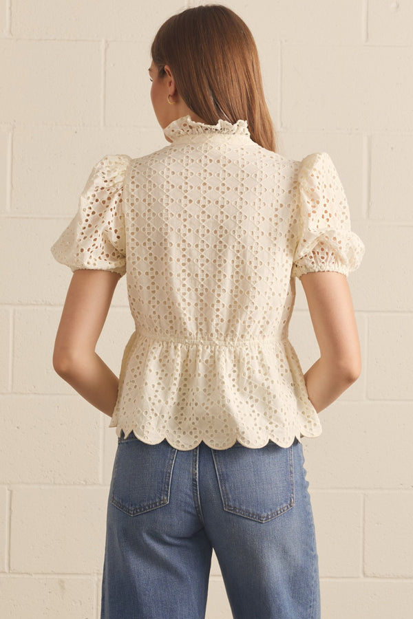 Solid Eyelet Puff Sleeve Top- Cream