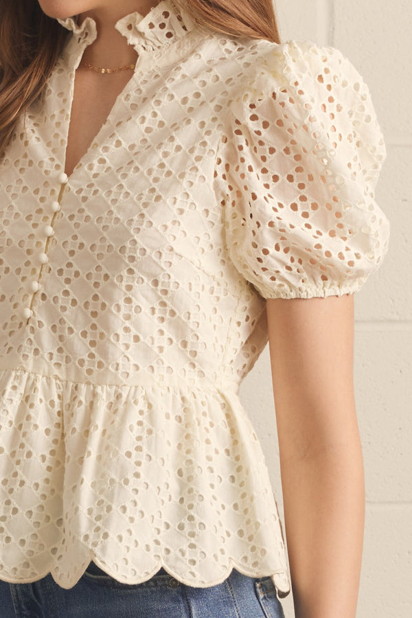 Solid Eyelet Puff Sleeve Top- Cream