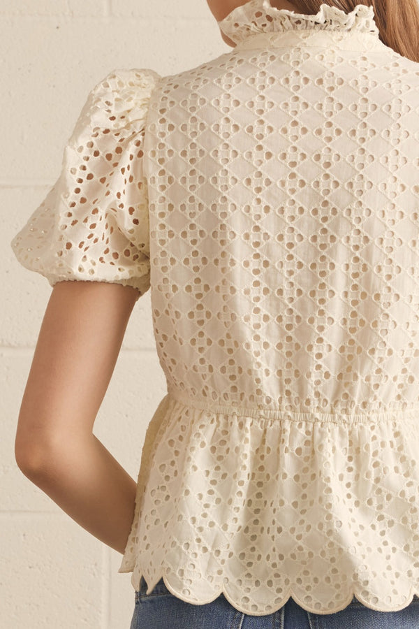Solid Eyelet Puff Sleeve Top- Cream