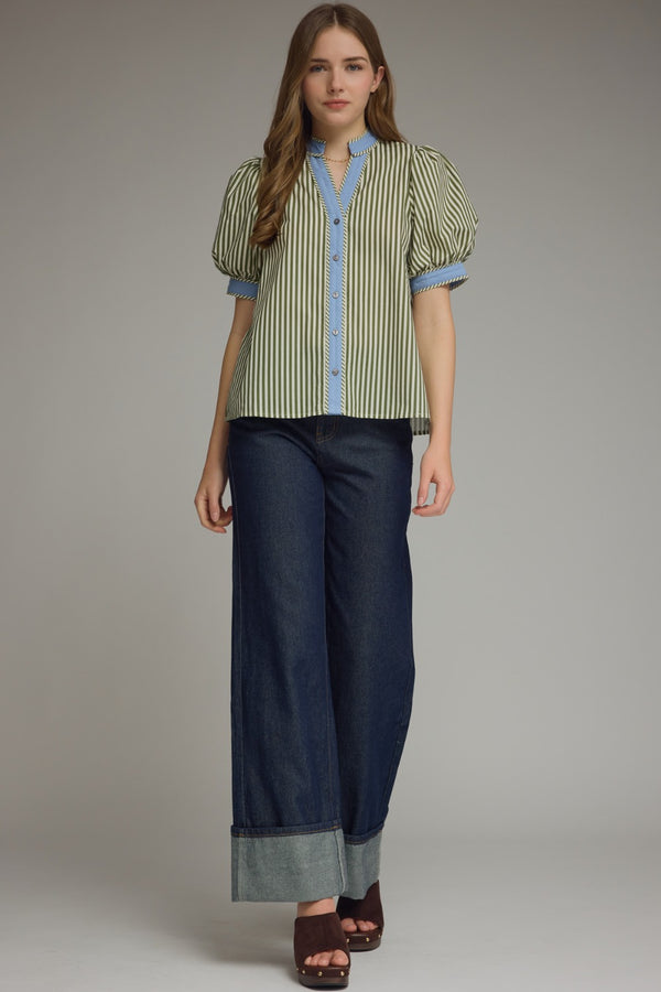 Stripe Puff Sleeve Top- Olive