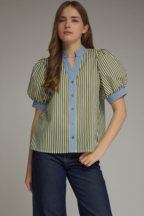 Stripe Puff Sleeve Top- Olive