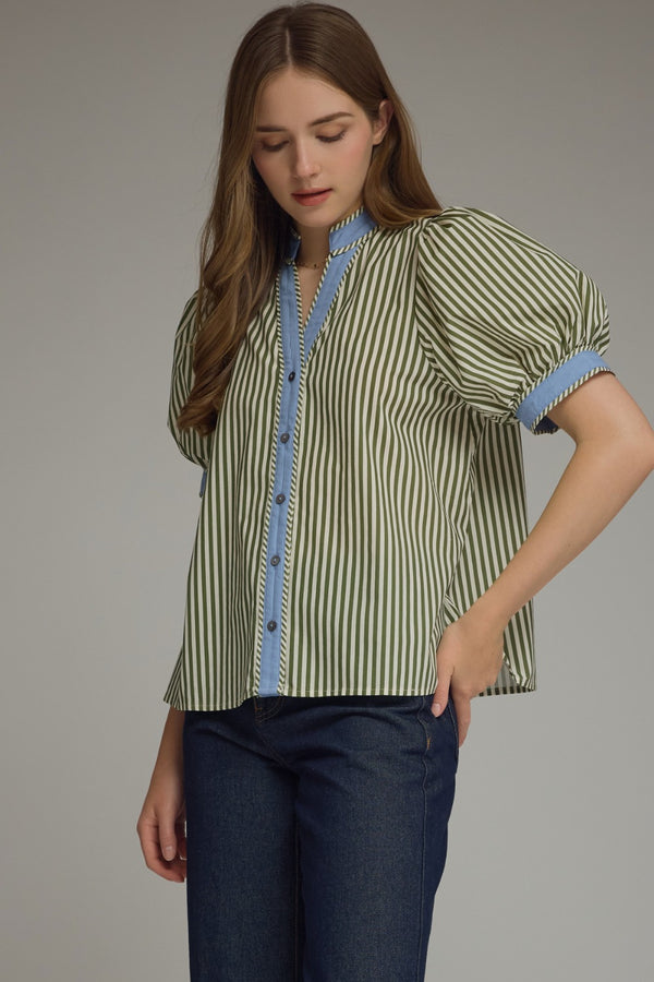Stripe Puff Sleeve Top- Olive