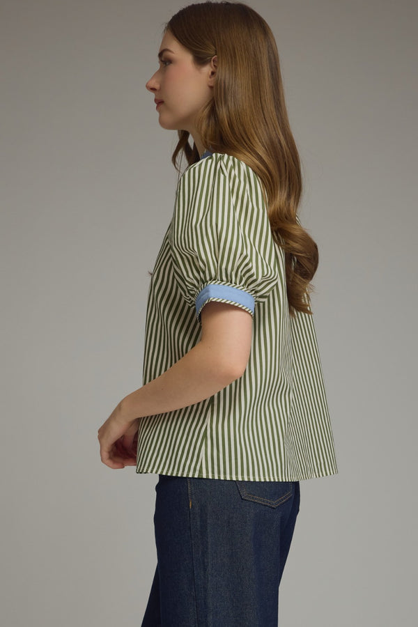 Stripe Puff Sleeve Top- Olive