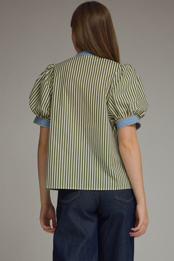 Stripe Puff Sleeve Top- Olive