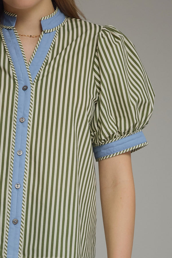 Stripe Puff Sleeve Top- Olive