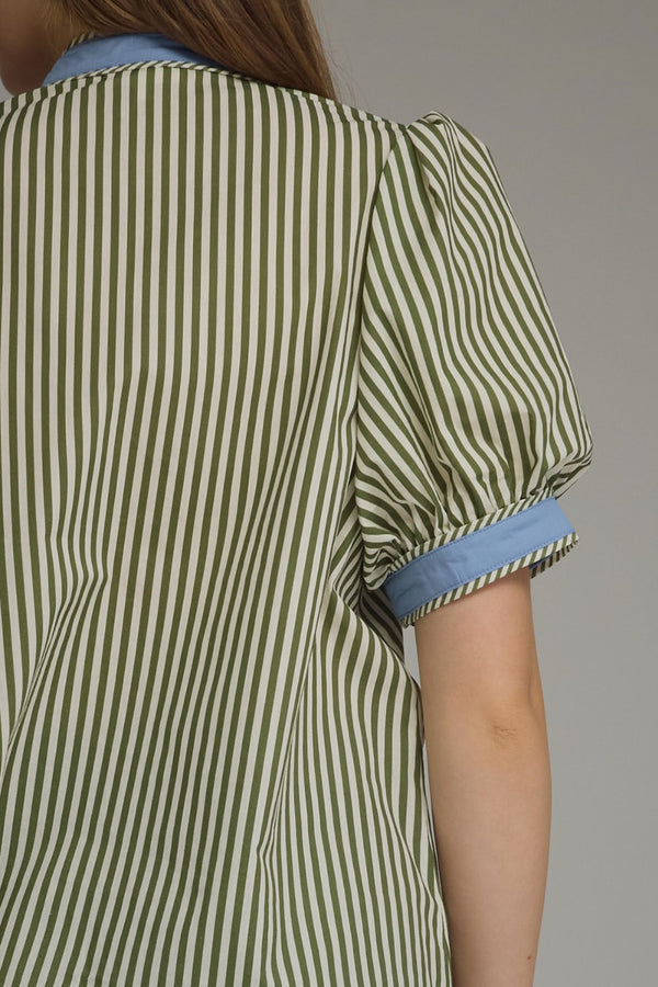 Stripe Puff Sleeve Top- Olive