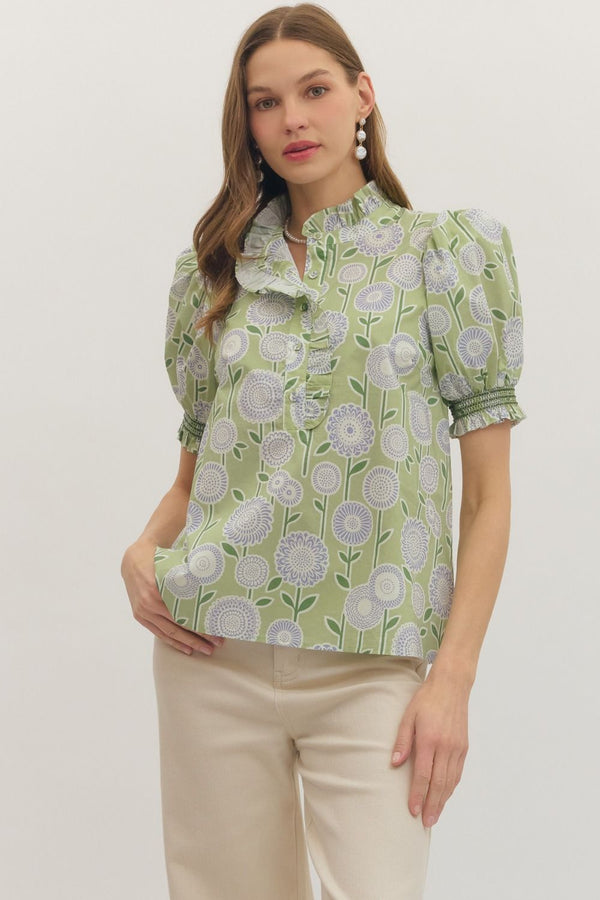 Floral Print Puff Sleeve Top- Sage