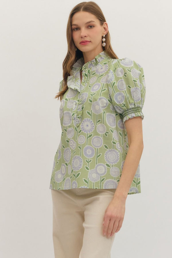Floral Print Puff Sleeve Top- Sage