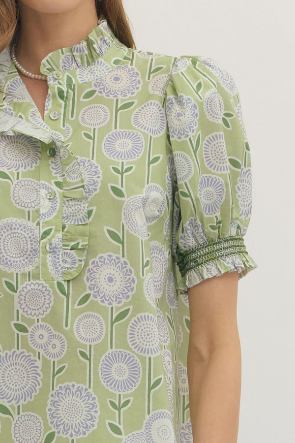 Floral Print Puff Sleeve Top- Sage