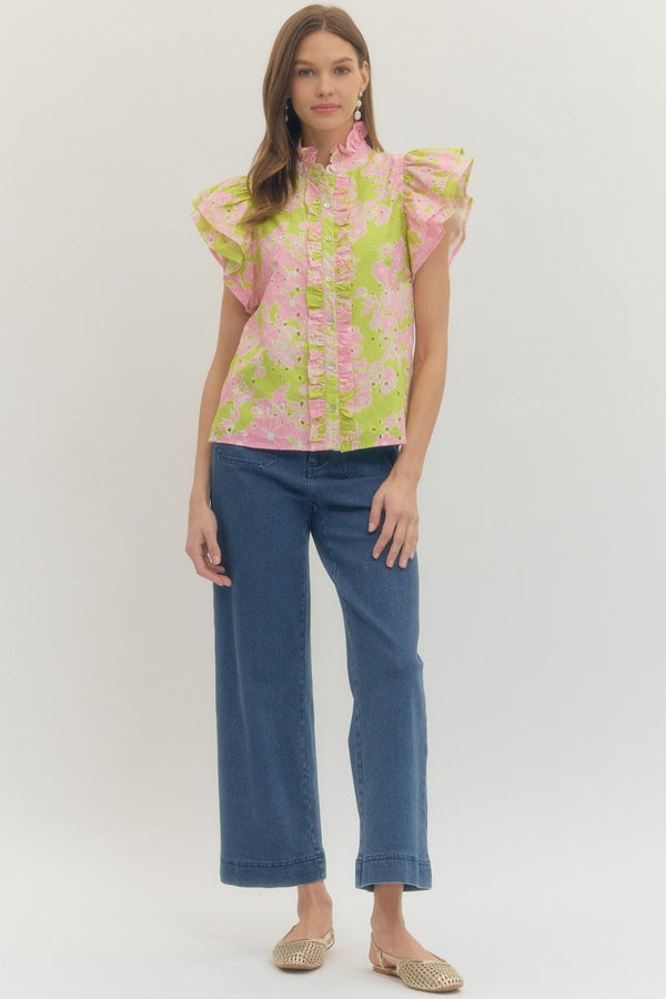 Floral Print Ruffle Sleeve Top- Apple Green