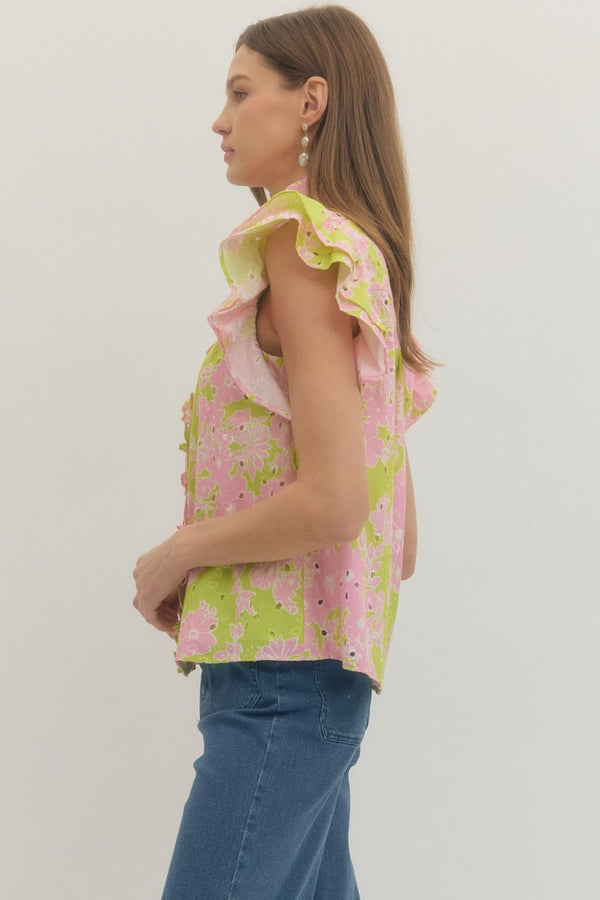Floral Print Ruffle Sleeve Top- Apple Green