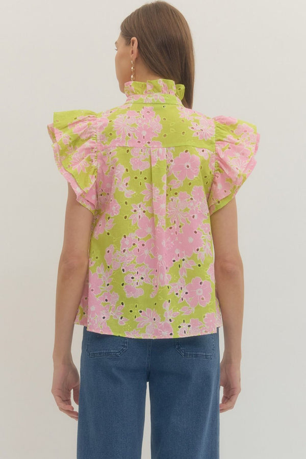 Floral Print Ruffle Sleeve Top- Apple Green