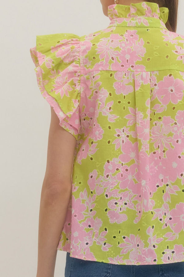 Floral Print Ruffle Sleeve Top- Apple Green