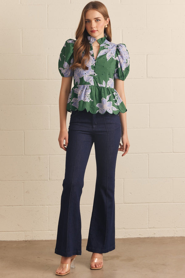 Floral Eyelet Puff Sleeve Top- H. Green