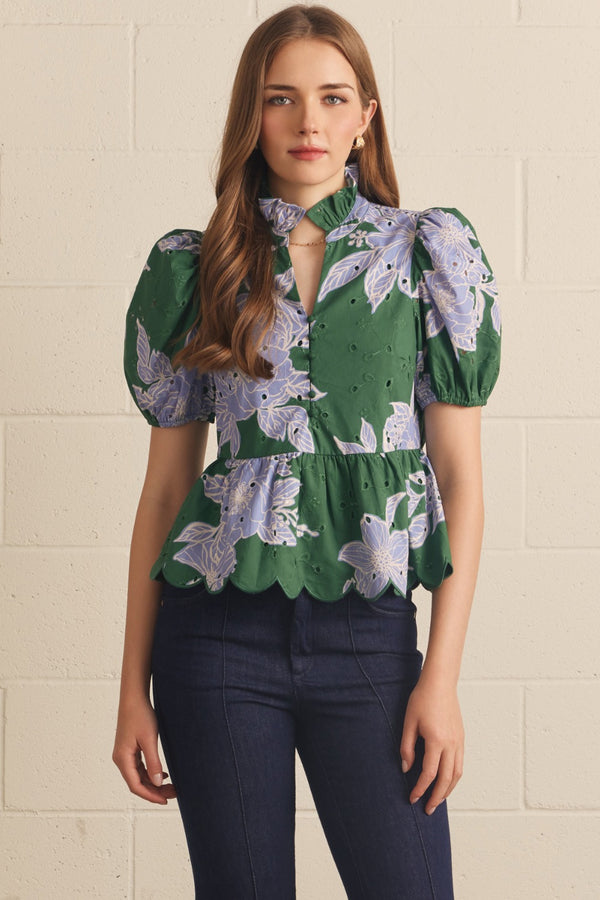 Floral Eyelet Puff Sleeve Top- H. Green