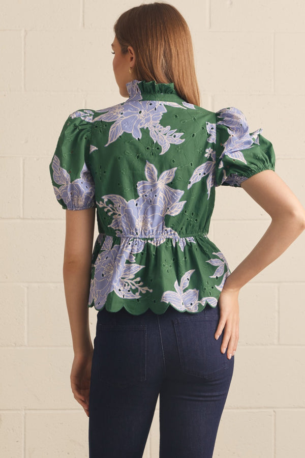 Floral Eyelet Puff Sleeve Top- H. Green