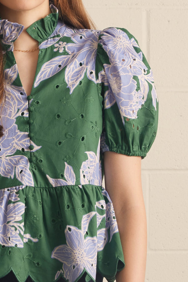 Floral Eyelet Puff Sleeve Top- H. Green