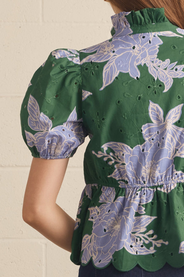 Floral Eyelet Puff Sleeve Top- H. Green