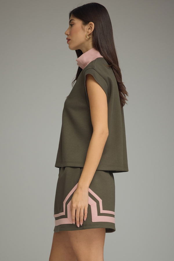 Half Zip Solid Skirt Set- Olive