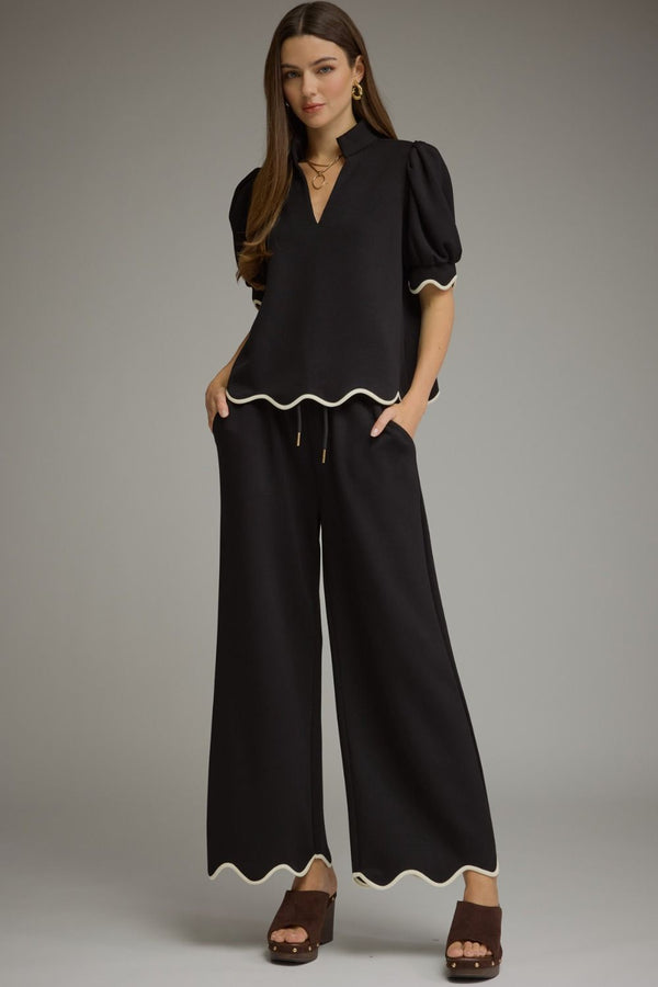Solid Scallop Pants Set- Black