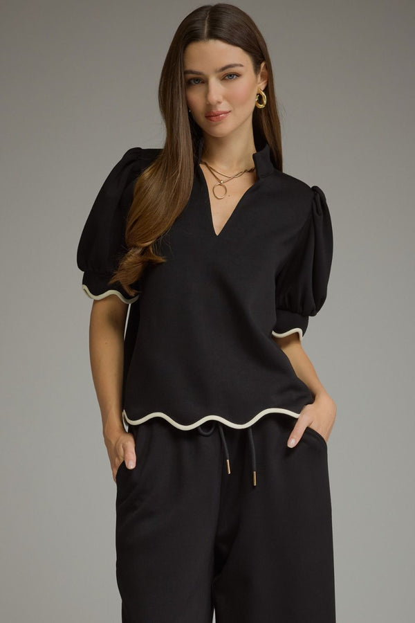 Solid Scallop Pants Set- Black