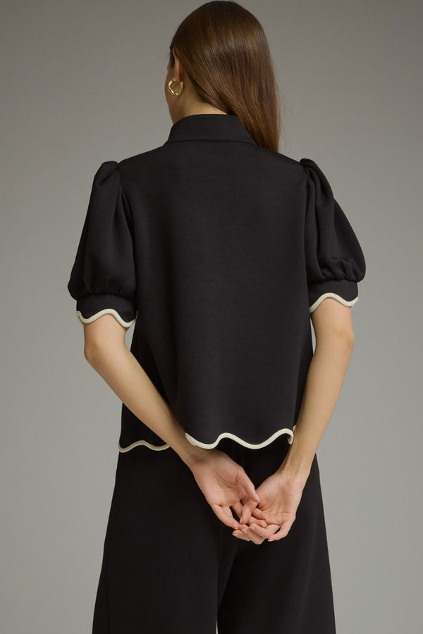 Solid Scallop Pants Set- Black