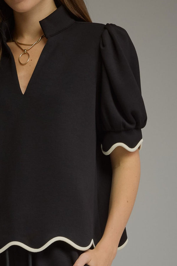 Solid Scallop Pants Set- Black