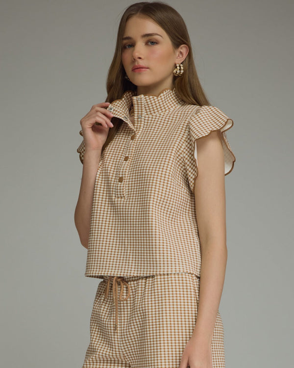 Gingham Scalloped Short Set- Camel