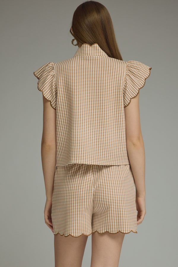 Gingham Scalloped Short Set- Camel