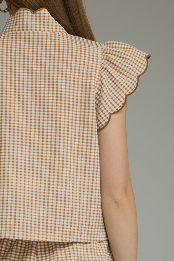 Gingham Scalloped Short Set- Camel