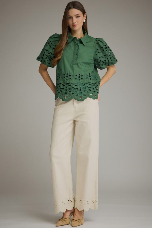 Solid Puff Sleeve Scallop Top- H. Green