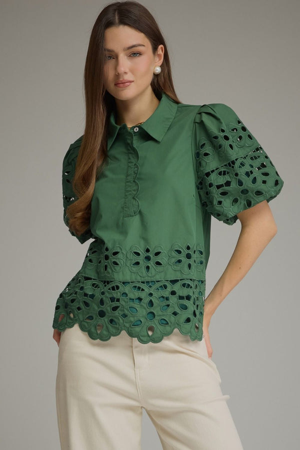 Solid Puff Sleeve Scallop Top- H. Green