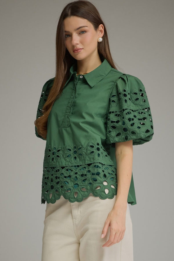 Solid Puff Sleeve Scallop Top- H. Green