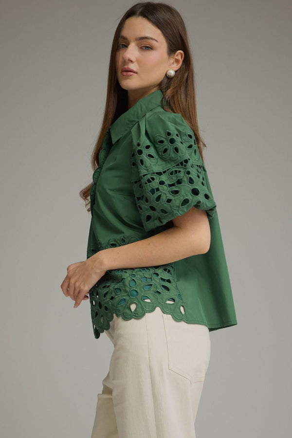 Solid Puff Sleeve Scallop Top- H. Green