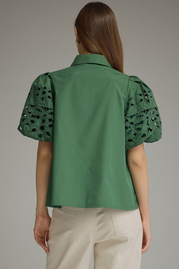 Solid Puff Sleeve Scallop Top- H. Green
