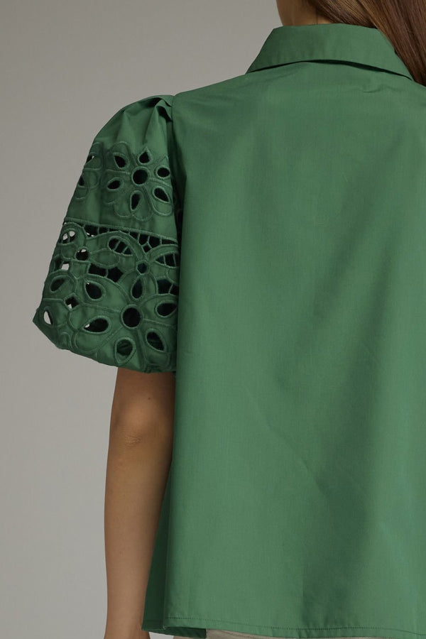 Solid Puff Sleeve Scallop Top- H. Green