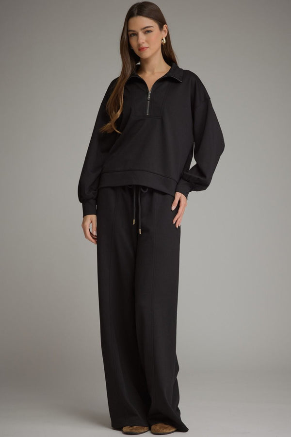 Solid Half Zip Pants Set- Black
