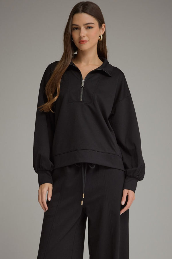 Solid Half Zip Pants Set- Black
