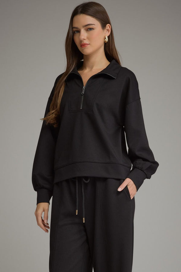 Solid Half Zip Pants Set- Black