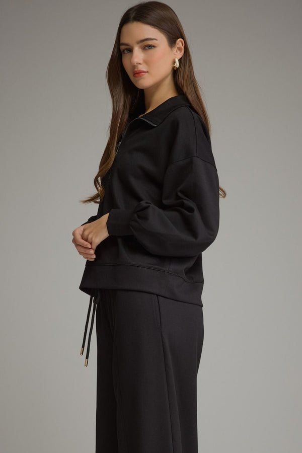Solid Half Zip Pants Set- Black