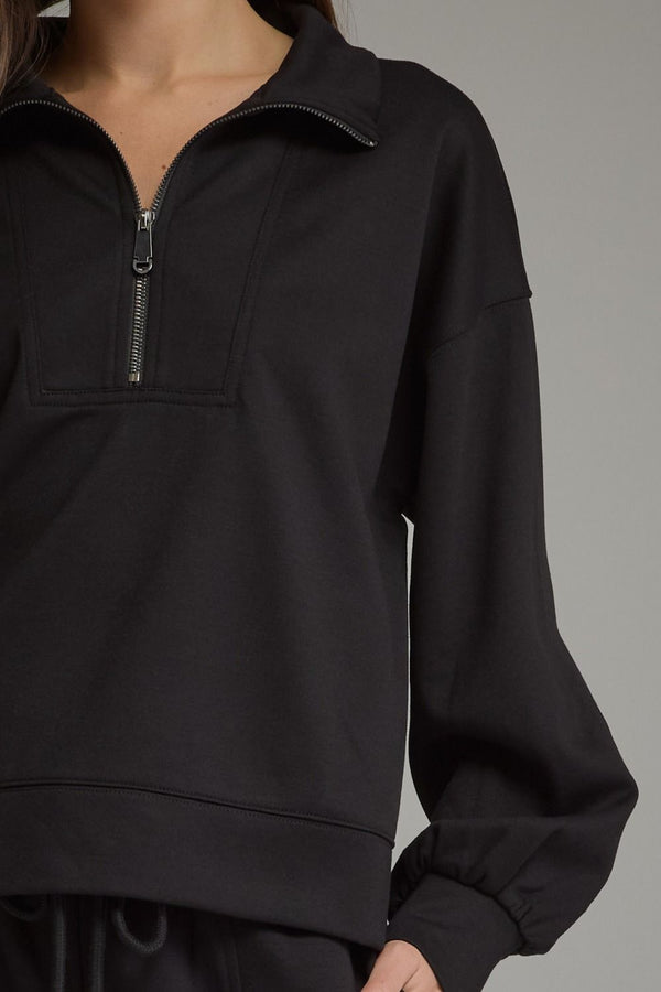 Solid Half Zip Pants Set- Black