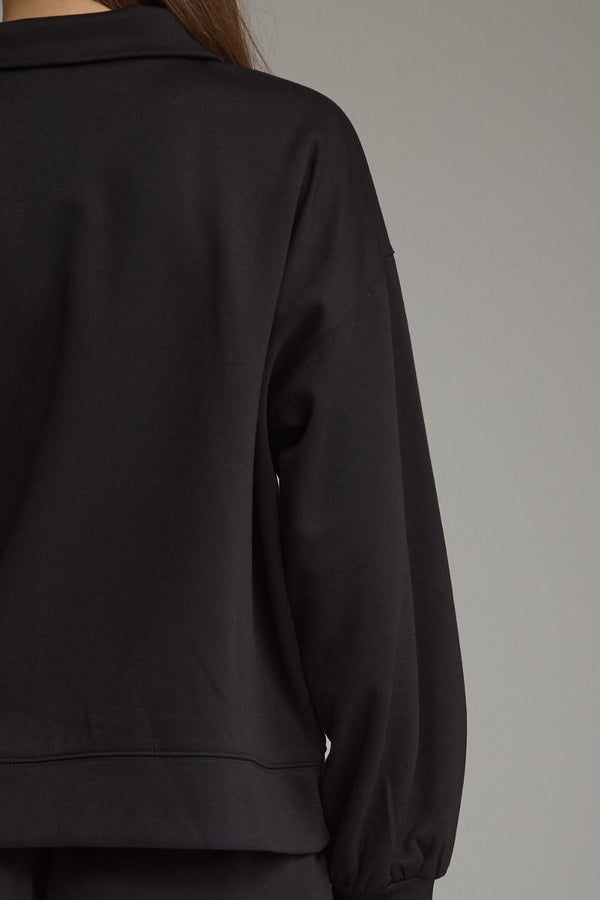 Solid Half Zip Pants Set- Black