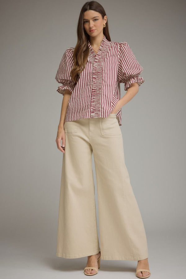 Stripe ¾ Puff Sleeve Top- Plum