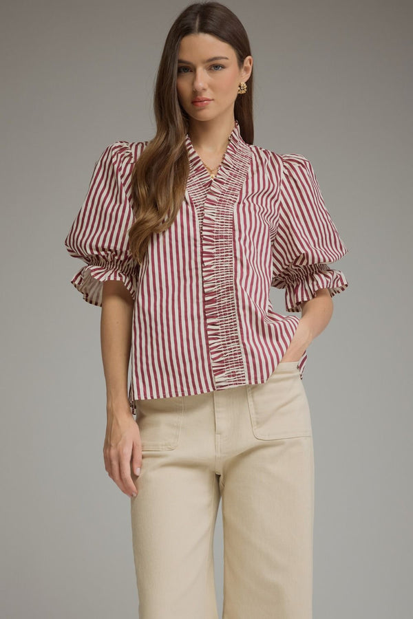 Stripe ¾ Puff Sleeve Top- Plum